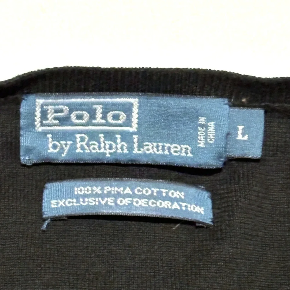 Polo Ralph Lauren V-Neck Sweater Mens L Black Pima Cotton Red Pony Preppy Luxury